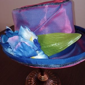 Gorgeous Ladies Pink and Purple Satin Top Hat with Satin Iris Flowers
